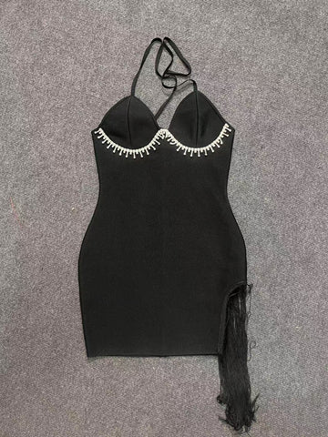 Women's Deep V-Neck Hanging Neck Tuxedo Short Bag Ass Party Sexy Hot Girl Bandage Dress